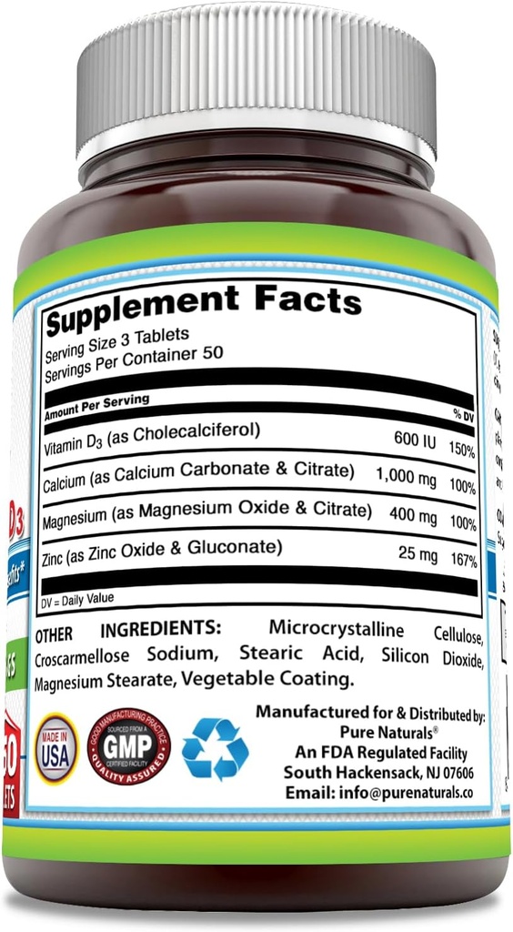 Pure Naturals Calcium Magnesium Zinc Vitamin D3 Supplement | Calcium 1000mg, Magnesium 400mg, Zinc 25mg, Vitamin D3 600 IU | Non-GMO | Gluten Free (300 Tablets) 3