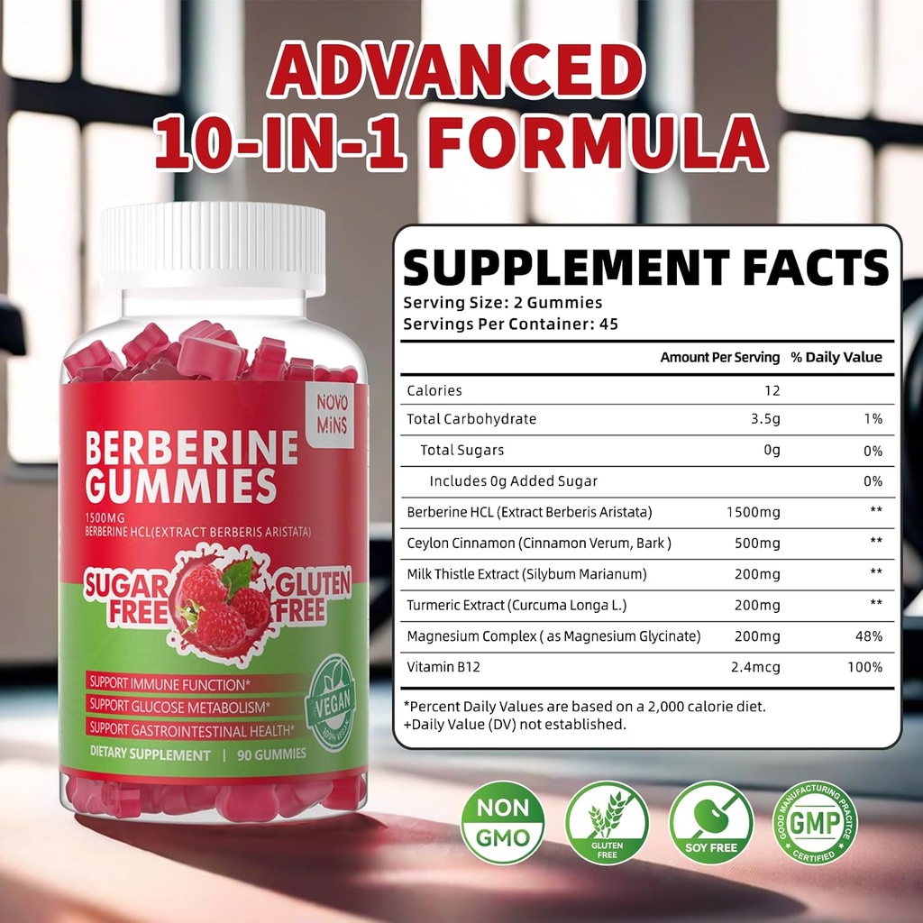 Berberine Gummies with Ceylon Cinnamon 1500mg High Potency Berberine HCL Supplement for Immune and Metabolism Support, Sugar Free Organic Berberine Gummies Raspberry Flavor. 3