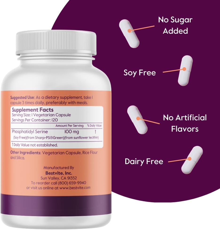 BESTVITE Phosphatidylserine 100mg per Capsule (240 Vegetarian Capsules) (120x2) with Sharp-PS® Green - Patented and Clinically Tested - Stearate Free - Soy Free - Gluten Free - Vegan - Non GMO 4