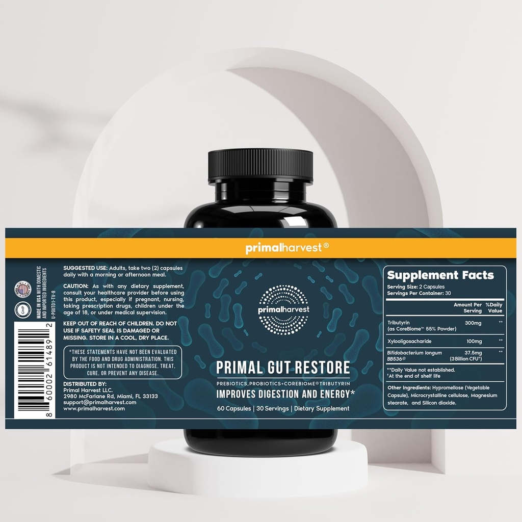 Primal Harvest Probiotics & Gut Health Supplements for Women and Men Pre and Probiotics with 31 Billion CFU and Gut Restore Digestion Pills Bundle 6