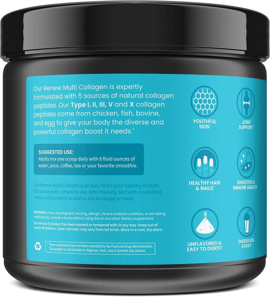 WellPath Renew Multi Collagen Protein Powder for Women | Hair, Nails, Skin | Hydrolyzed Grass-Fed Bovine, Marine, & Chicken Sources Collagen Peptides | Types I, II, III, V, X | 11 oz | 40 Servings 3