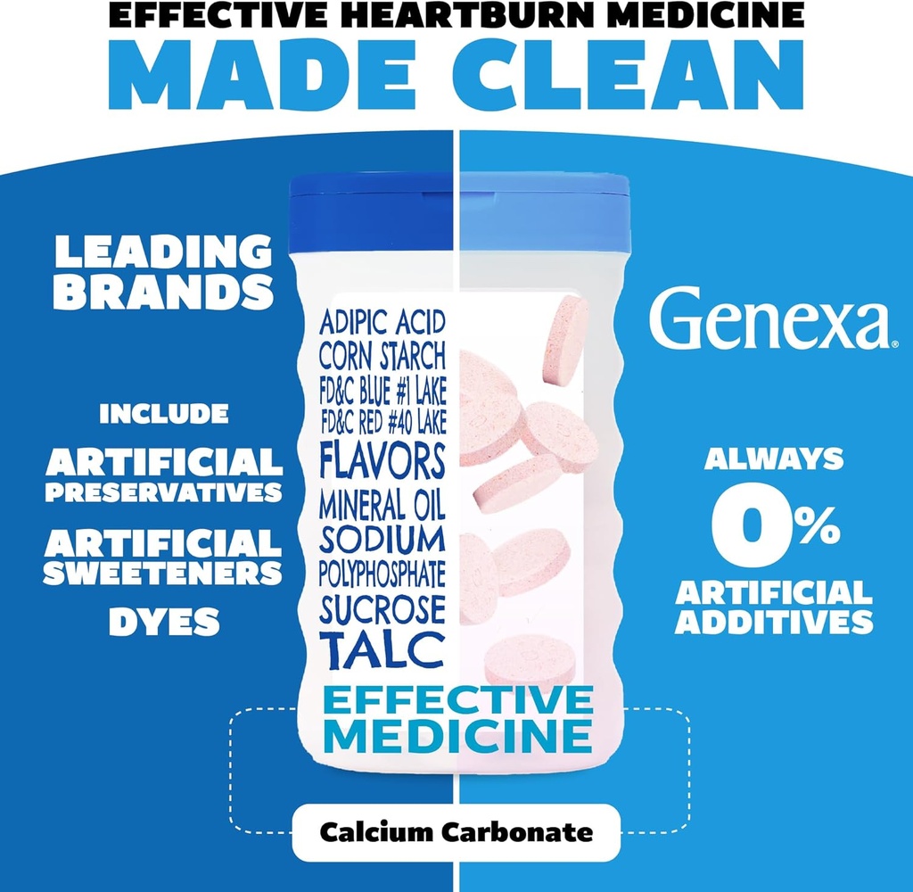 Genexa 3 Pack Clean Antacid Chewable Tablets | Maximum Strength Calcium Carbonate for Heartburn, Acid Indigestion & Upset Stomach Relief | Dye Free, 0% Artificial Additives | Berry Flavor, 216ct 3