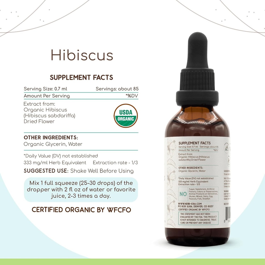 HerbEra Hibiscus B60 USDA Organic Tincture | Alcohol-Free Extract, High-Potency Herbal Drops | Certified Organic Hibiscus (Hibiscus Sabdariffa) Dried Flower (2 oz) 3