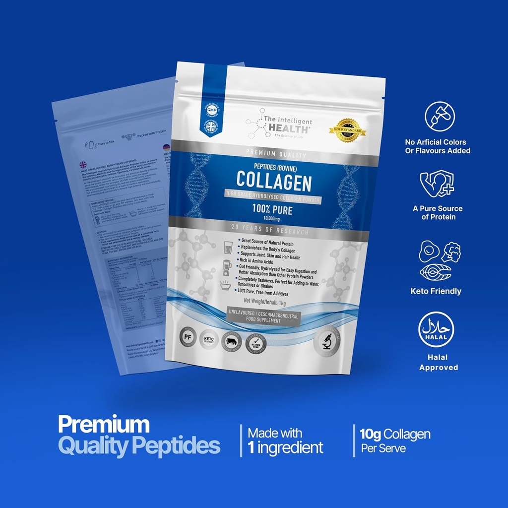 The Intelligent Health Hydrolyzed Collagen Peptides Powder, Grass Fed, High Protein, Unflavored, Gluten-Free, Paleo & Keto Friendly, 10g per Serving (1kg) Supports Skin, Hair, Nails, Joints, & Bones 6