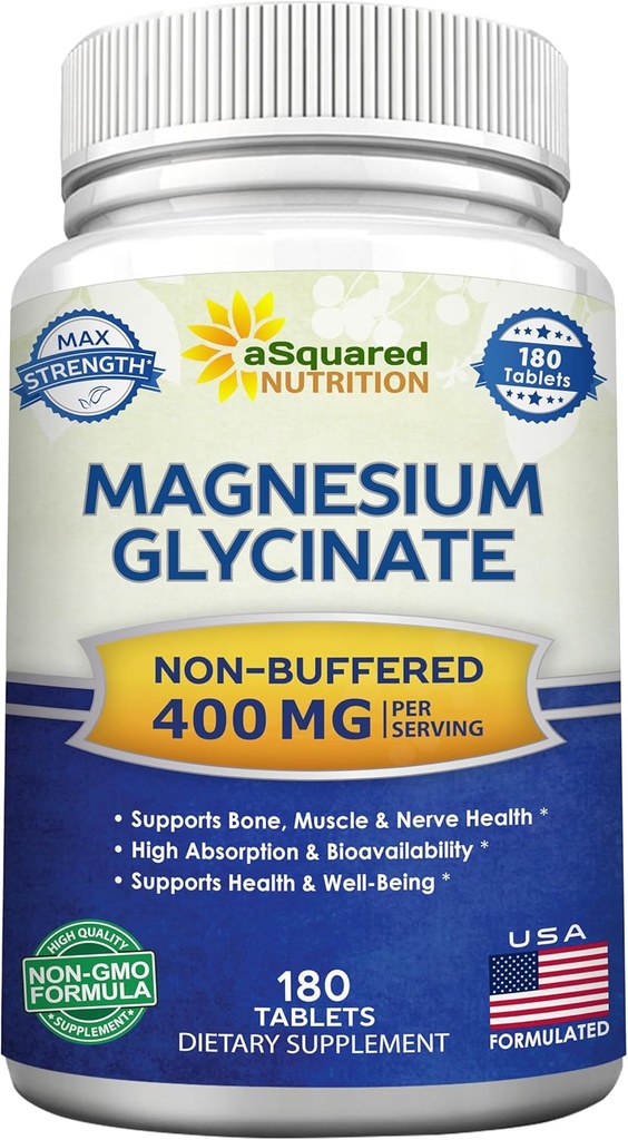 aSquared Nutrition Magnesium Glycinate 400mg - 180 Tablets - Max Strength Magnesium Bisglycinate Supplement -Maximum Bioavailability & Absorption-Non-GMO -Not Buffered-Supports Muscles, Bones & Heart 2