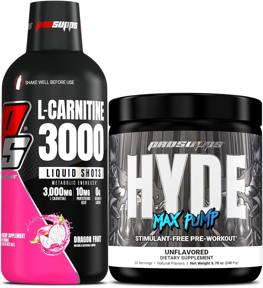 PROSUPPS L-Carnitine 3000 Stimulant Free Liquid Shots (31 Servings, Dragon Fruit) and Hyde Max Pump Pre Workout for Men and Women (20 Servings, Unflavored) Bundle 2