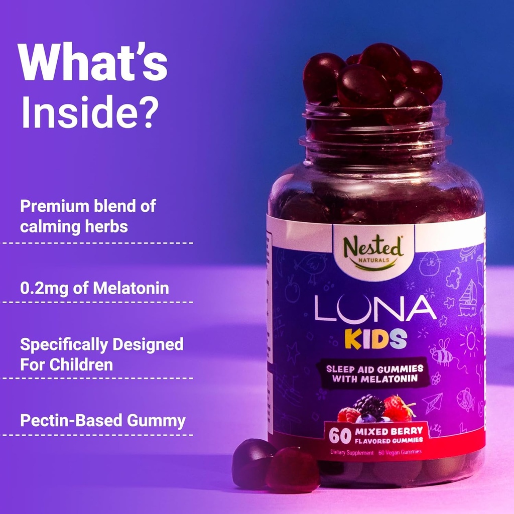 Nested Naturals Luna Kids Sleep Gummies - Non-Habit Forming Kids Melatonin Gummy with Valerian Root, Chamomile, and Lemon Balm - Children's Melatonin Sleep Aid - Mixed Berry, 60 Vegan Gummies 4