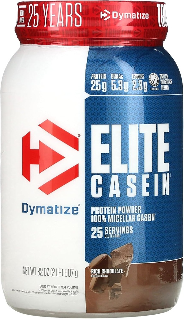 Dymatize Elite Casein Protein Powder, Slow Absorbing with Muscle Building Amino Acids, 100% Micellar Casein, 25g Protein, 5.4g BCAAs & 2.3g Leucine, Helps Overnight Recovery, Rich Chocolate, 2 Pound 2