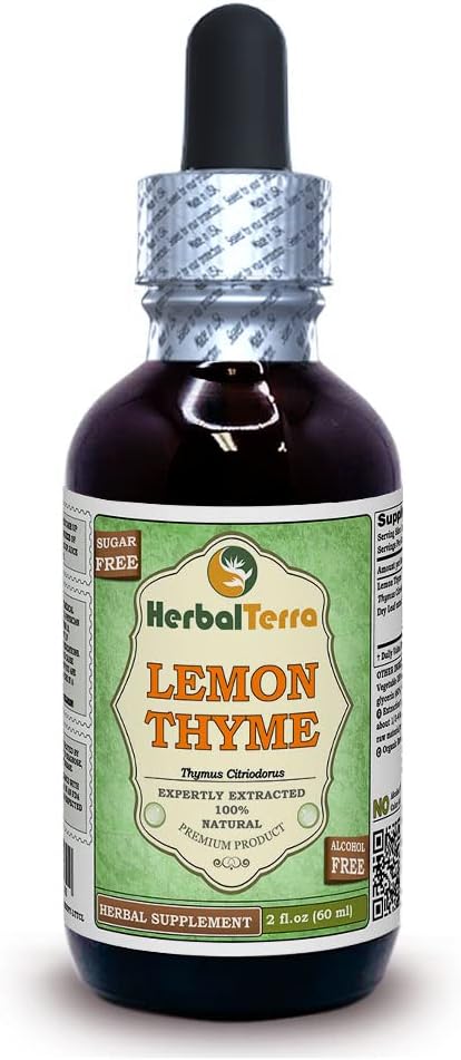 Lemon Thyme (Thymus x Citriodorus) Glycerite, Organic Dried Herb Alcohol-Free Liquid Extract (Brand Name: HerbalTerra, Proudly Made in USA) 2 fl.oz (60 ml) 2