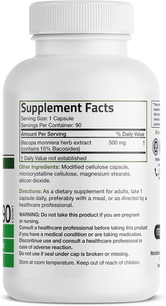 Bronson Bacopa Monnieri Extract 500 mg - Promotes Mental Clarity and Brain Function - Non GMO, 90 Vegetarian Capsules 3