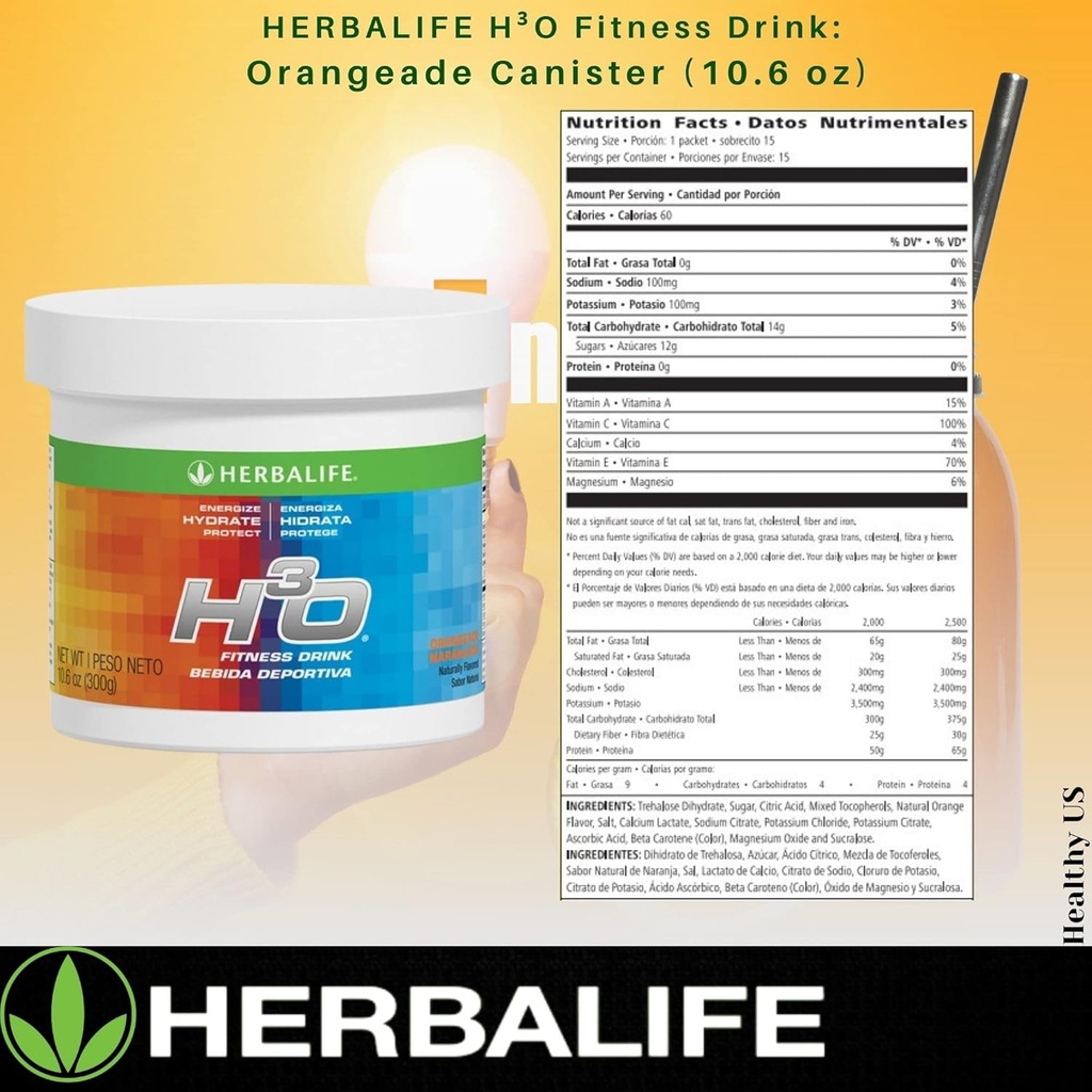 Herbalife H³O Fitness Drink: Orangeade Canister 10.6 Oz (300g), Carbohydrate Blend for immediate Energy, Energize, Hydrate, Protect, Naturally Flavored 3