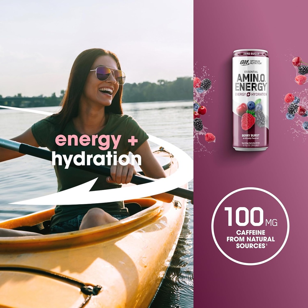 Optimum Nutrition Amino Energy Sparkling Hydration Drink, Electrolytes, Caffeine, Amino Acids, BCAAs, Sugar Free, Berry Burst, 12 Fl Oz, 12 Pack 5