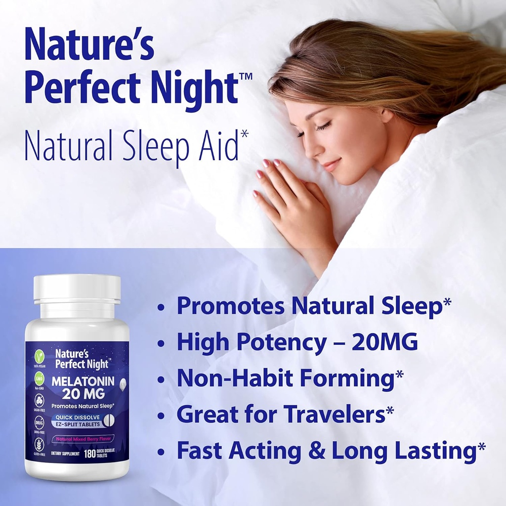 Nature's Perfect Night | Melatonin 20mg | 180 Quick Dissolve Tablets, 2-Pack | Natural Mixed Berry Flavor |High Potency | Sugar Free | Vegan | Gluten Free | 2 Count 3