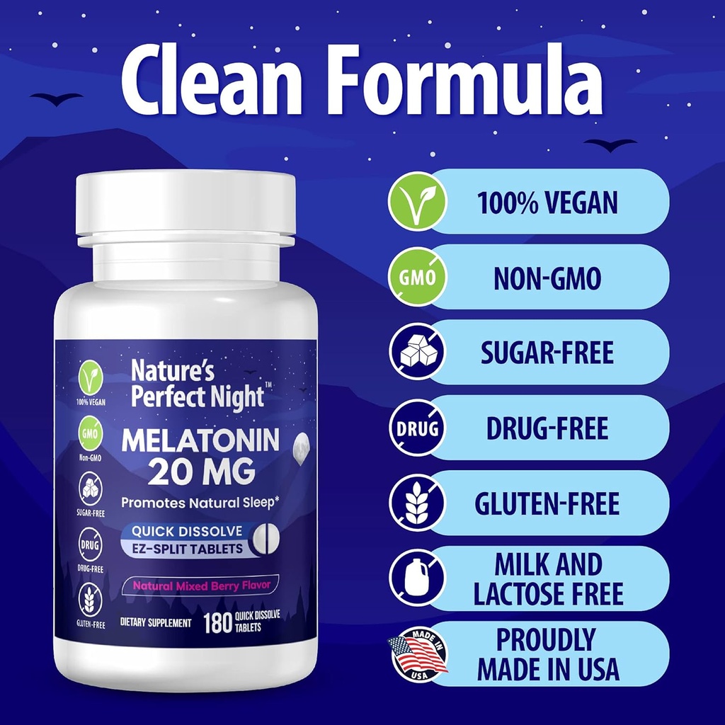 Nature's Perfect Night | Melatonin 20mg | 180 Quick Dissolve Tablets, 2-Pack | Natural Mixed Berry Flavor |High Potency | Sugar Free | Vegan | Gluten Free | 2 Count 5