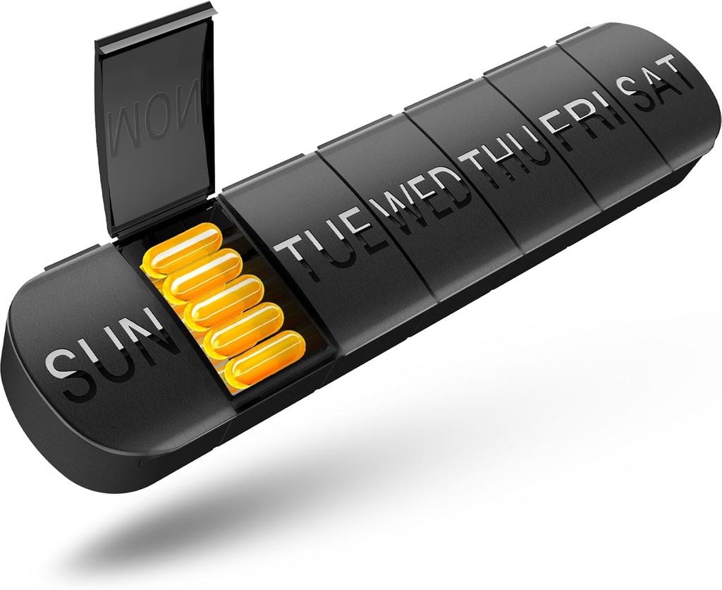 Weekly Pill Organizer 1 Time a Day, Travel Pill Box 7 Day Extra Large Compartments Vitamin Holder, Daily Pill Container 7day XL Medicine Dispenser for Fish Oil Case (Black) 2