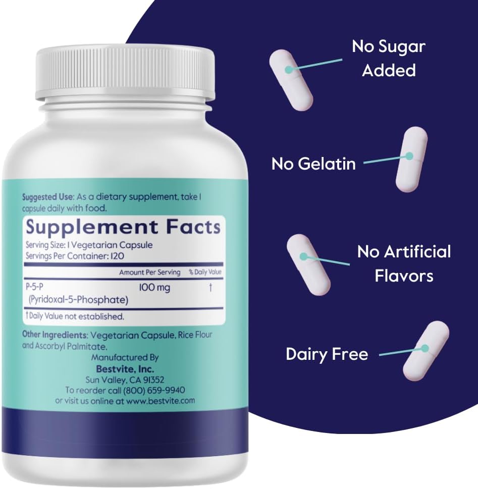 BESTVITE P-5-P 100mg (240 Vegetarian Capsules) (120 x 2) (CoEnzymated Form of B-6) - No Stearates - Vegan - Non GMO - Gluten Free 4