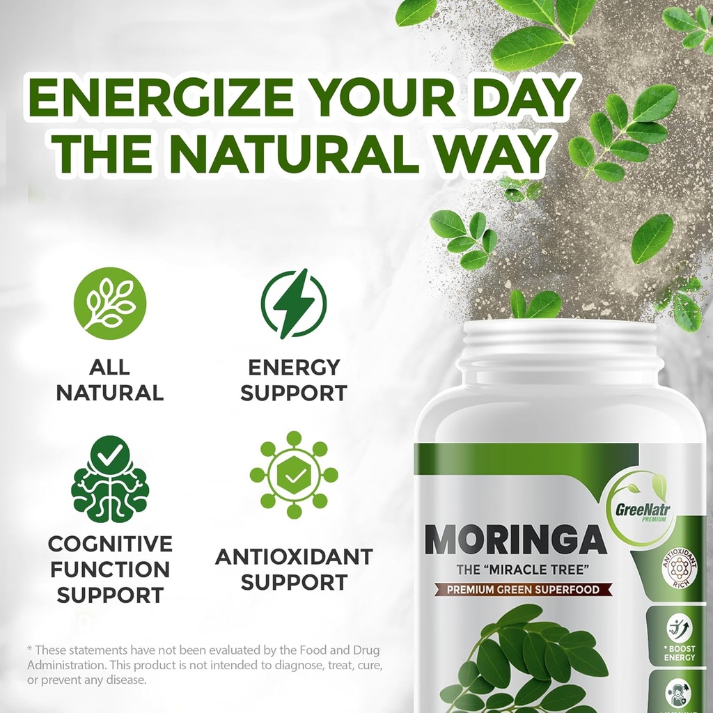 GreeNatr Pure Moringa Oleifera Leaf Extract Veggie Capsules 1000 mg. Natural Herbal Supplement. Energy, Mood, Memory and Focus Support. Premium Green Superfood (3 Bottles) 6