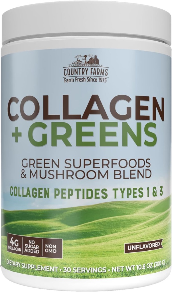 Country Farms Collagen Peptides Powder with Greens Dietary Powder Supplement (Type I, III) for Skin Hair Nail and Joints, Dairy/Gluten/Sugar Free, Energizing Superfoods, Natural, 10.6 Oz 30 Servings 2
