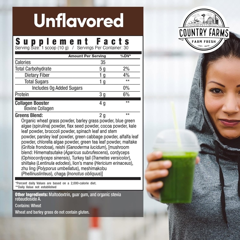 Country Farms Collagen Peptides Powder with Greens Dietary Powder Supplement (Type I, III) for Skin Hair Nail and Joints, Dairy/Gluten/Sugar Free, Energizing Superfoods, Natural, 10.6 Oz 30 Servings 3