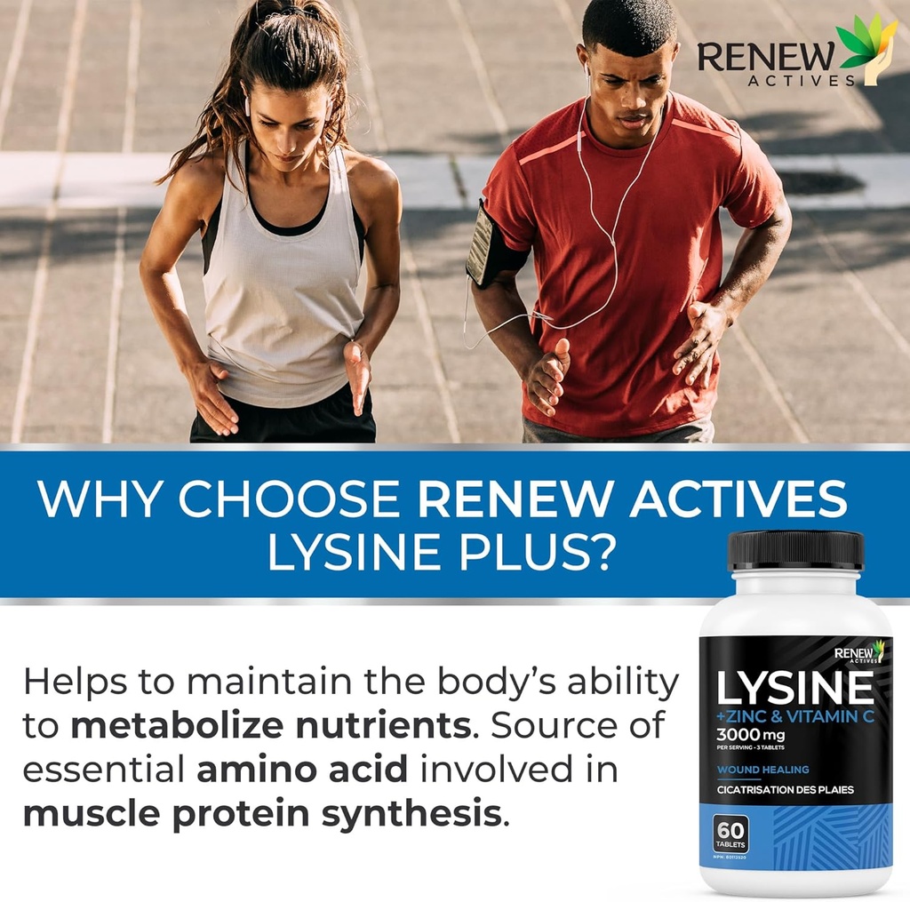 Renew Actives L-Lysine 1000 mg per Serving with Zinc & Vitamin C – Supports Immune Function, Collagen Formation, Antioxidant Support, & Healthy Skin, Hair, & Nails – Made in Canada – 60 Tablets 3