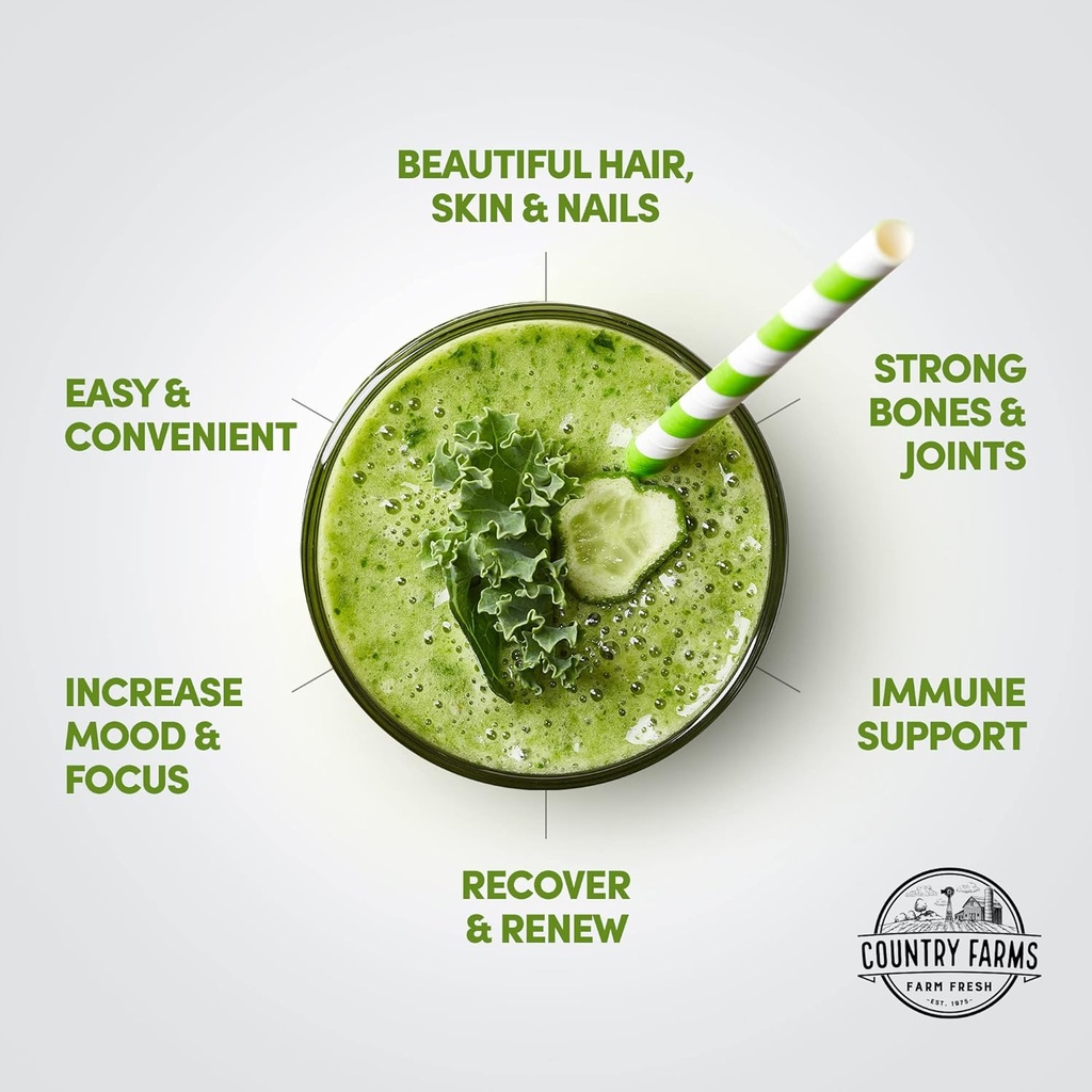 Country Farms Collagen Peptides Powder with Greens Dietary Powder Supplement (Type I, III) for Skin Hair Nail and Joints, Dairy/Gluten/Sugar Free, Energizing Superfoods, Natural, 10.6 Oz 30 Servings 4