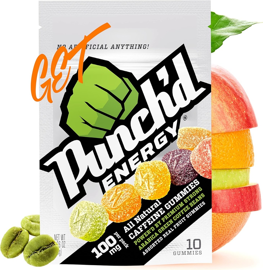 Punch'd Energy, All Natural Caffeine Gummies, 10 Gummies = 100mg of Caffeine per Pack (Box of 10) Clean Label, Green Coffee Energy Chews, Ultra Low Glycemic, Low Calorie, Vitamin C 2