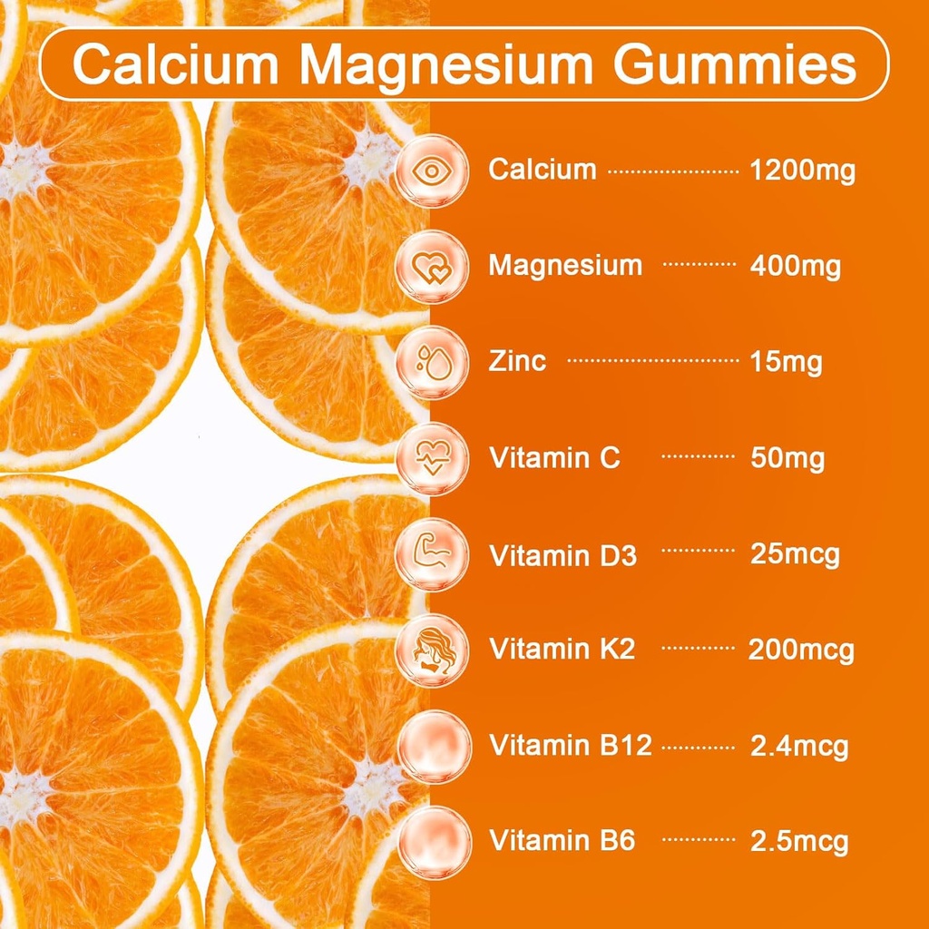 Calcium Magnesium Zinc Gummies for Adult: 1200mg Calcium Citrate with Vitamin D3 K3 - Natural Organic Sugar Free High Absorption Supplement for Women Men Kids(120Count) 6