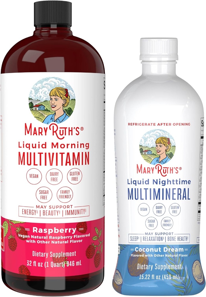 MaryRuth's Liquid Morning Multivitamin Raspberry (32oz) & Liquid Nighttime Multimineral Coconut (15.22oz) | Sugar-Free, No Melatonin | Vegan, Non-GMO | Supports Sleep, Beauty, and Overall Health 2
