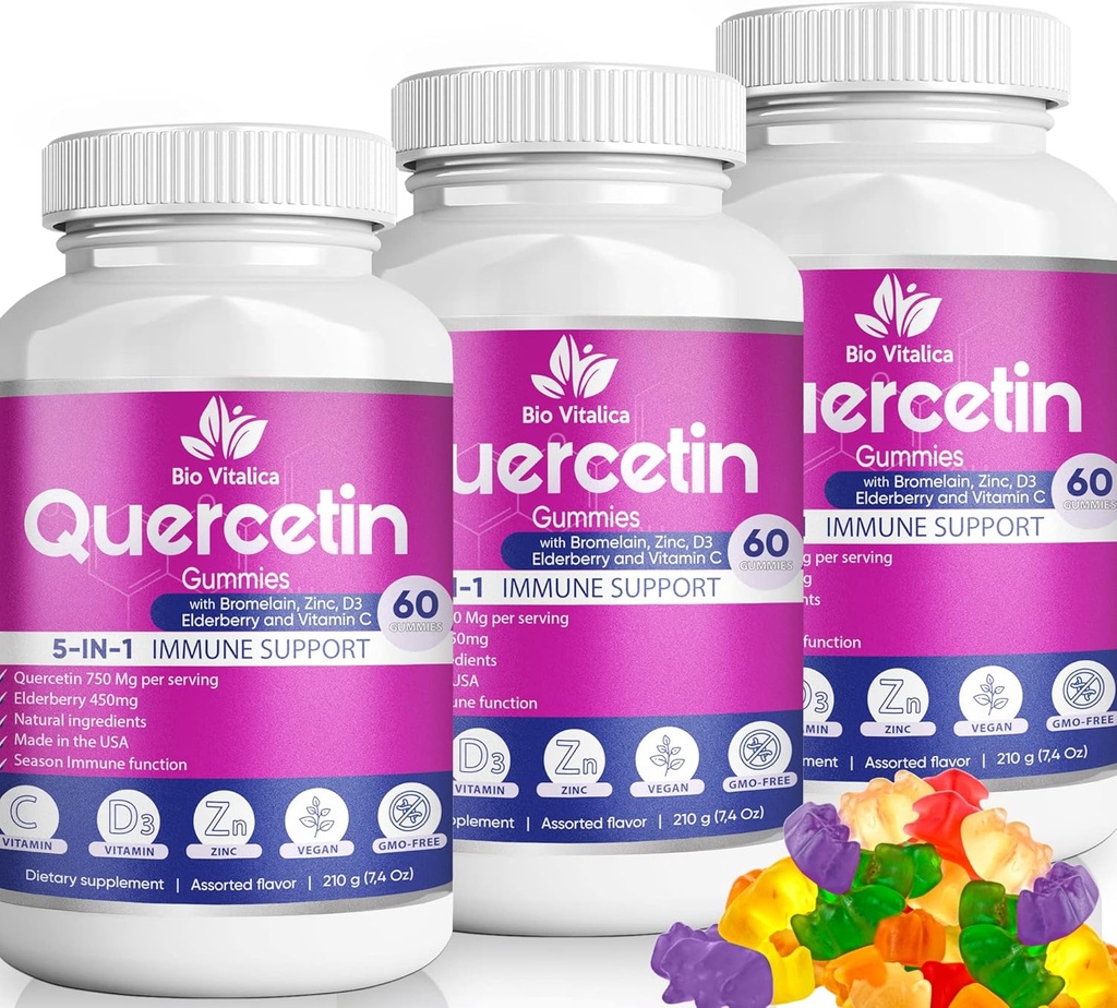 (3 Pack) Quercetin Gummies by BioVitalica - Quercetin with Bromelain Vitamin C and Zinc & Elderberry + Vitamin D3-5 in 1 Immune Support - Zinc Quercetin 750 mg for Kids and Adults 2