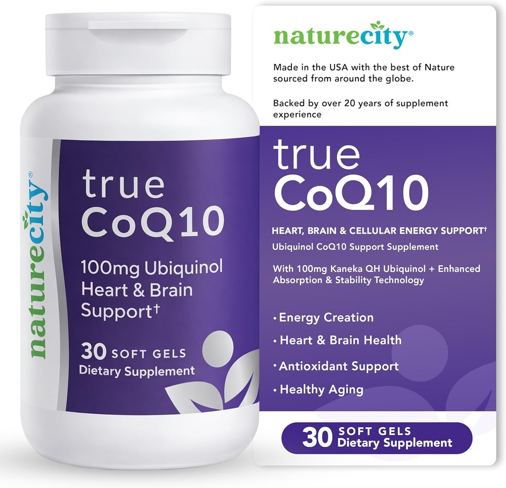 NatureCity True-CoQ10 Ubiquinol 100mg Highly Absorbable and Stablized Kaneka QH CoQ10 Heart, Brain and Cellular Energy Supplement - (30 Soft Gels) Active CoQ10 as Ubiquinol 2