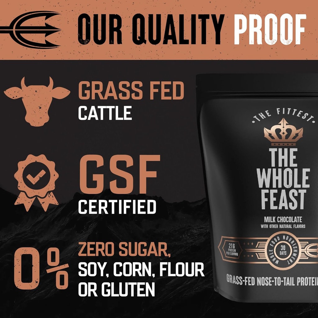 The Fittest Whole Feast Beef Protein Powder - Milk Chocolate - Grass Fed Nose to Tail Carnivore Blend Including Liver, Colostrum and Whole Bone - BCAAs - 14g Collagen, 21g Total Protein 5