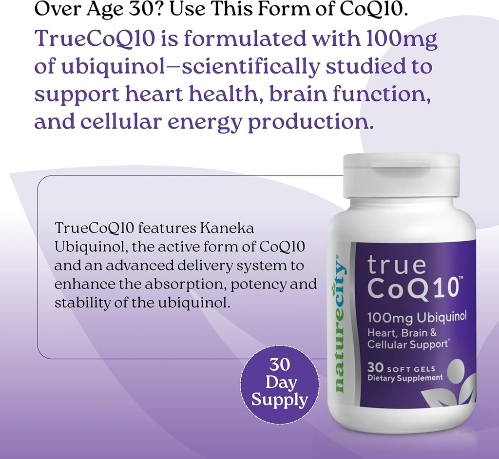 NatureCity True-CoQ10 Ubiquinol 100mg Highly Absorbable and Stablized Kaneka QH CoQ10 Heart, Brain and Cellular Energy Supplement - (30 Soft Gels) Active CoQ10 as Ubiquinol 3