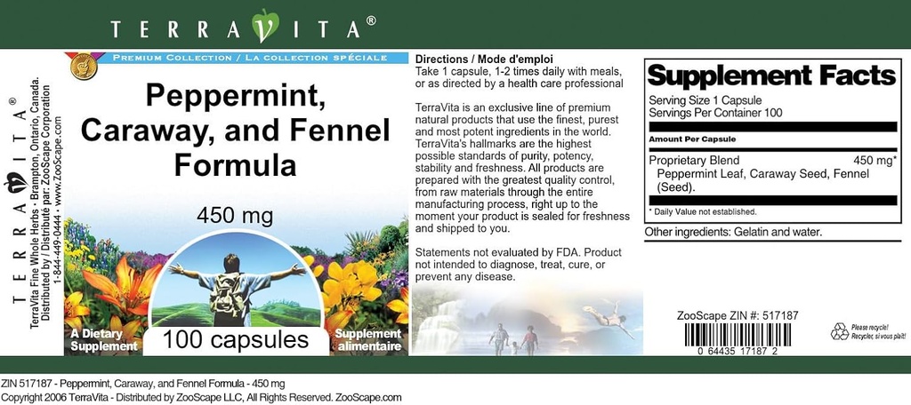 Peppermint, Caraway, and Fennel Formula - 450 mg (100 Capsules, ZIN: 517187) 4