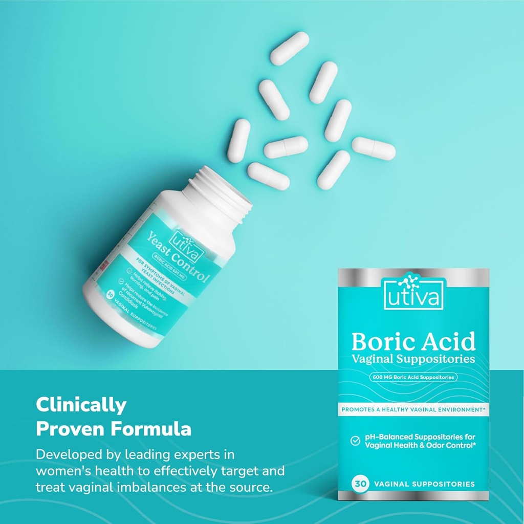 Utiva Boric Acid Suppositories for Women - pH Balance - Feminine Care - 600mg Boric Acid to Lower pH and Support Vaginal Health, BV Treatment for Women, 30 Vaginal Suppositories 4