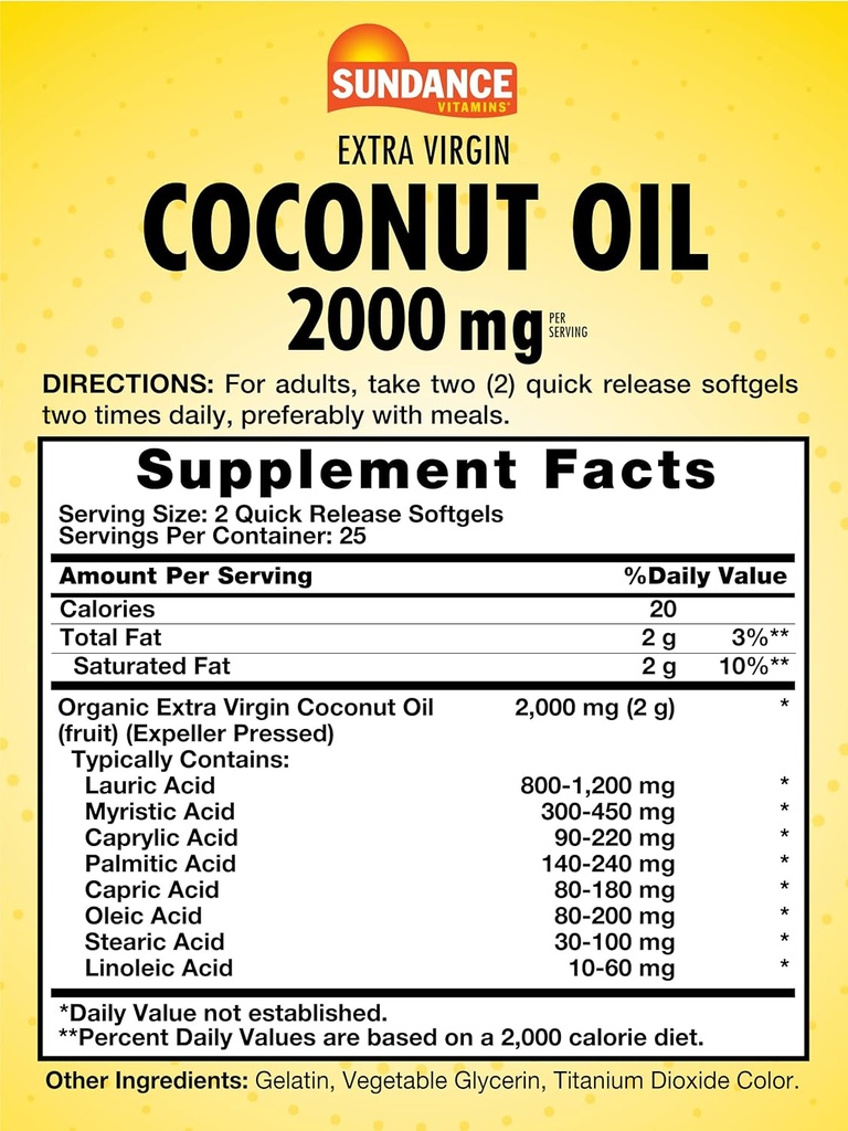 Sundance Extra Virgin Coconut Oil Softgels | 2000mg | 50 Count | Non-GMO and Gluten Free Supplement 3