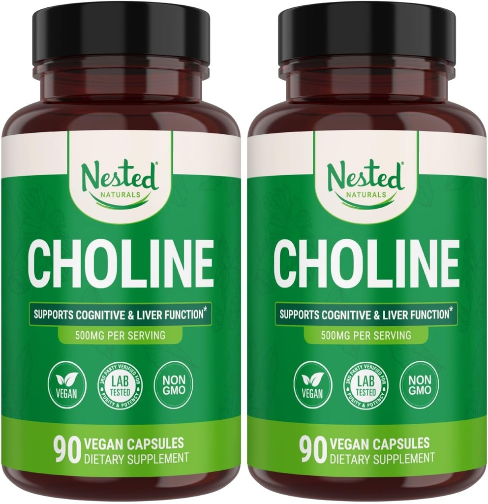 Nested Naturals Choline Bitartrate 500mg - High Potency Choline Supplements - Supports Maternal & Fetal Health During Pregnancy* - 100% Vegan & Non-GMO - 2-Pack (180 Vegan Capsules) 2