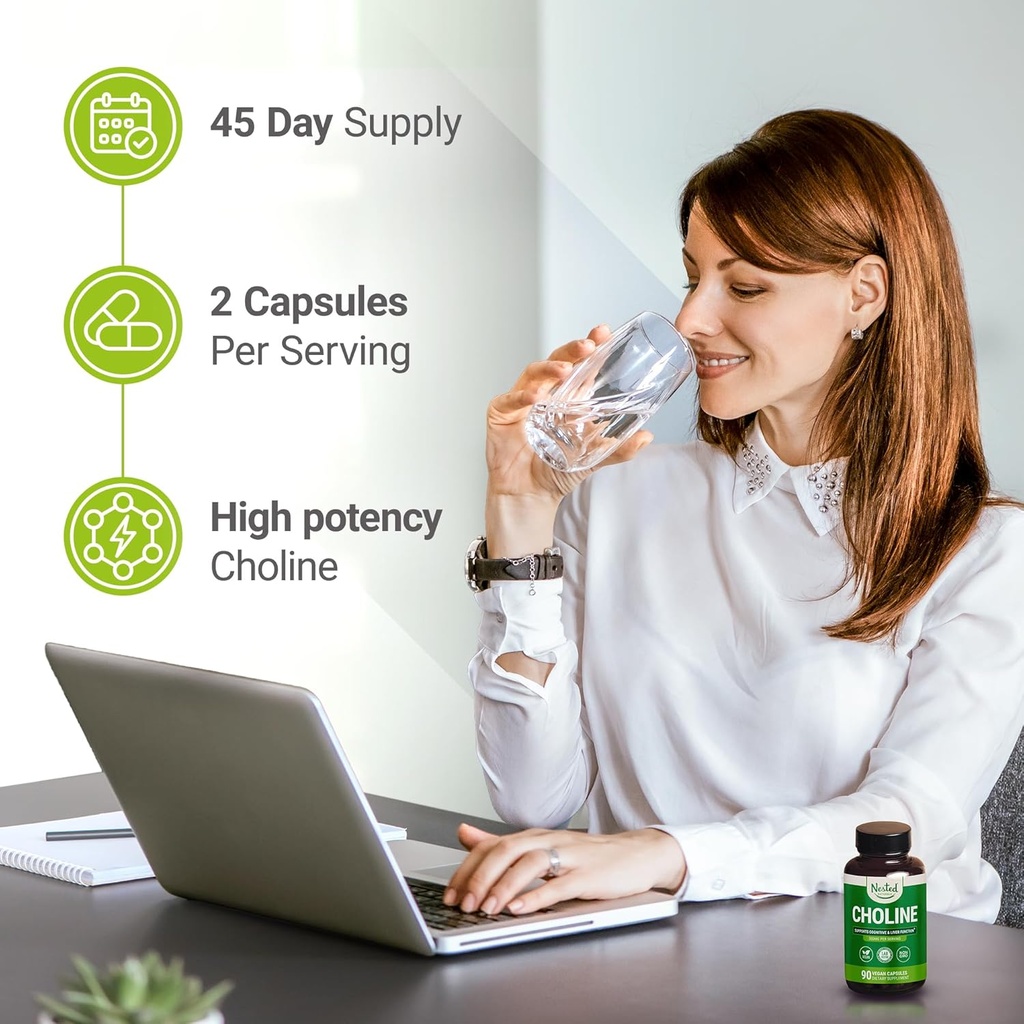Nested Naturals Choline Bitartrate 500mg - High Potency Choline Supplements - Supports Maternal & Fetal Health During Pregnancy* - 100% Vegan & Non-GMO - 2-Pack (180 Vegan Capsules) 3