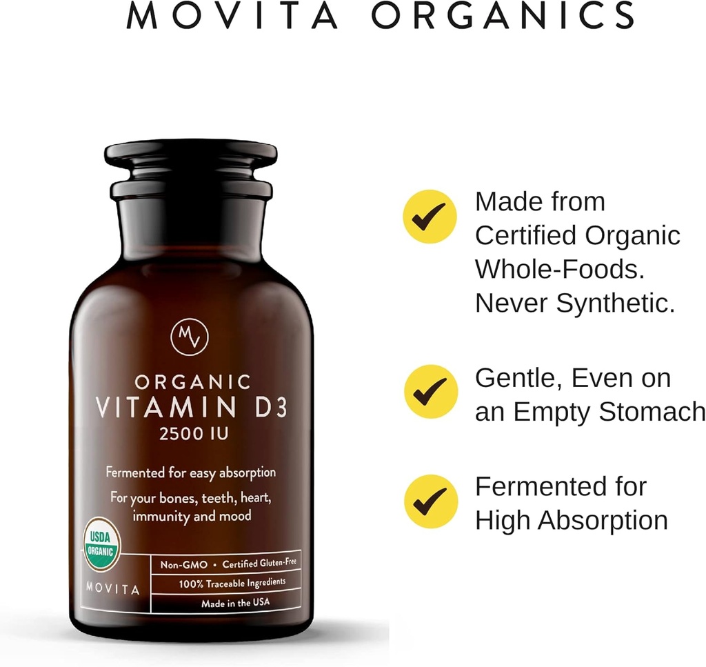 Movita Certified Organic Vitamin D3 2500IU – Supports Energy, Immune Health & Bone Strength – Fermented Whole Foods, Organic, Vegan, Gluten-Free, Non-GMO – 30-Day Supply (Glass Bottle) 4