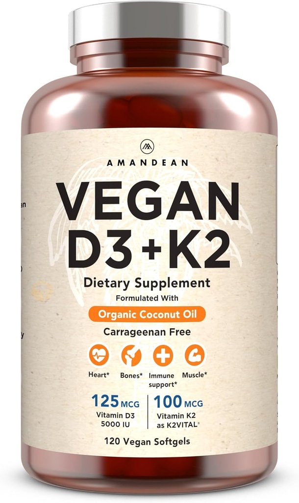 AMANDEAN Vegan Vitamin D3 K2. 5000 iu from Algae. All-Trans MK-7. 120 Softgels. Plant-Based & Carrageenan Free. Organic Coconut Oil Blend. for Mood, Bones, Heart, Immune Health (Packaging May Vary) 2