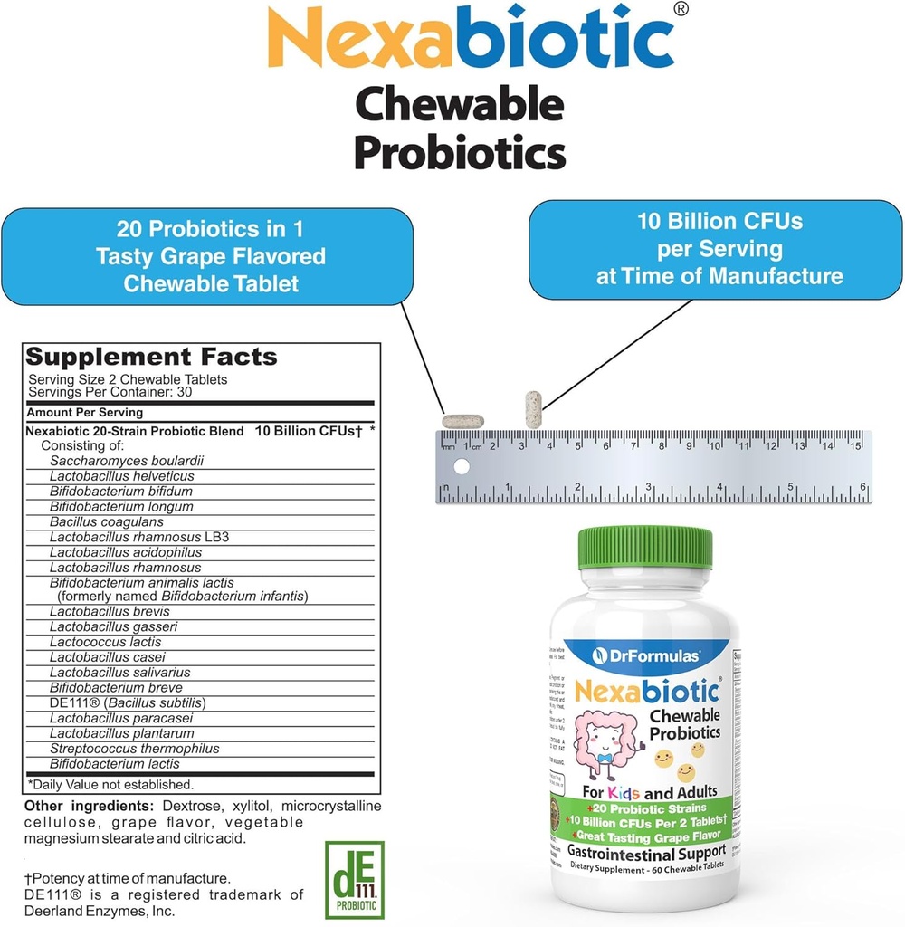 DrFormulas Chewable Probiotics for Kids & Adults | for Oral Dental Health, Bad Breath, & Better Digestion 20 Multi Strain - S boulardii, Lactobacillus plantarum and Bifidobacterium infantis, 60 Chews 5