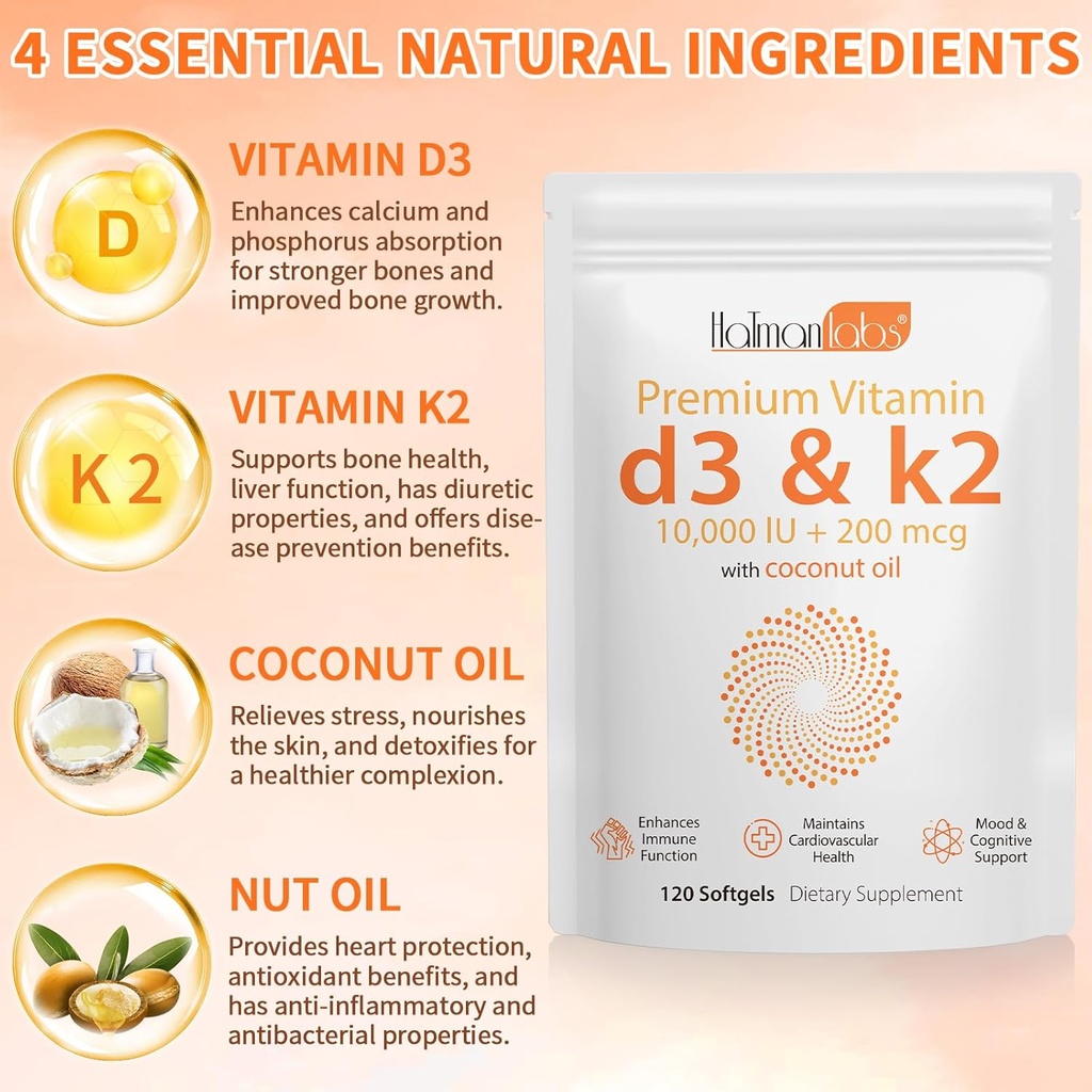 2 Bag Vitamin D3 K2 Supplement Softgel, Vitamin D3 K2 Softgel with 10000 IU Supports Immune, Heart, Teeth & Bone Health, Free of GMO, Gluten, Soy 4
