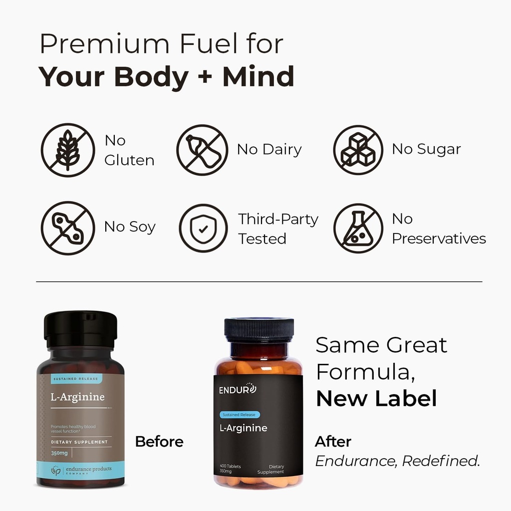 Endur L-Arginine, Healthy Blood Flow & Heart Function Supplement, Supports Exercise Performance & Immune Health, Gluten Free, 350mg (400 Tablets) 4