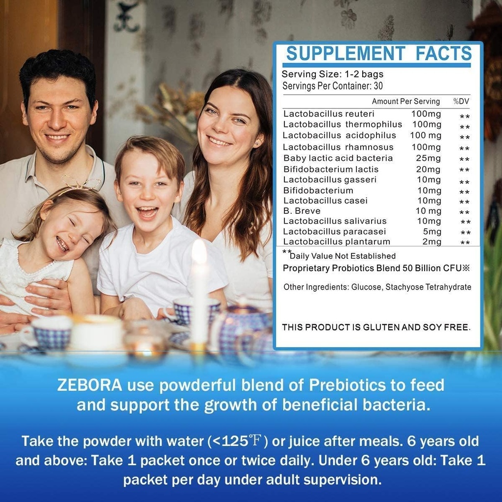 ZEBORA Probiotics for Women, Men and Kids Age 3+, Prebiotics and Probiotics Powder for Digestive and Immune Health – Support Healthy-Respiratory-System Gluten Free and Non GMO, 30 Bags 6