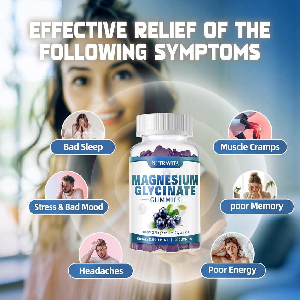 Magnesium Glycinate Gummies 1000mg with Magnesium L-Threonate,Chelated Magnesium Potassium Complex Supplement with VitD, B6, CoQ10, Calcium,Supports for Memory, Calm, Mood - 180 Gummies Blueberry 4
