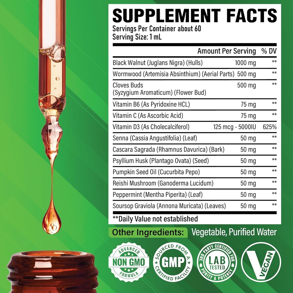 Satoomi 13in1 Black Walnut Liquid Drops with Wormwood, Cloves, Vitamin B6, Vitamin C, Vitamin D, Senna, Cascara Sagrada and 5 More - 2 Fl Oz for 60 Days - Berry Mix Flavor 3