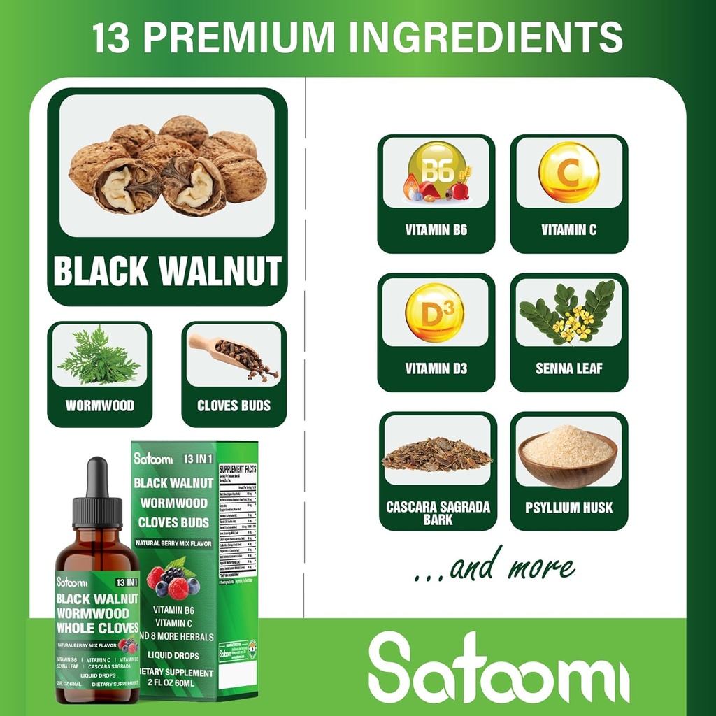 Satoomi 13in1 Black Walnut Liquid Drops with Wormwood, Cloves, Vitamin B6, Vitamin C, Vitamin D, Senna, Cascara Sagrada and 5 More - 2 Fl Oz for 60 Days - Berry Mix Flavor 4