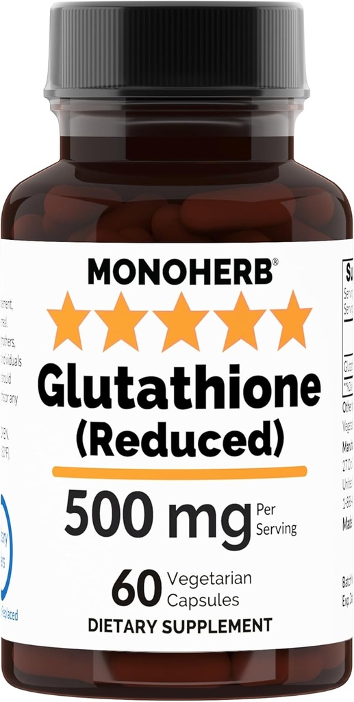 Reduced Glutathione 500 mg - 60 Veg Capsules | 250 mg per Capsule - Serving Size 2 Capsules: 500 mg - 30 Servings 2