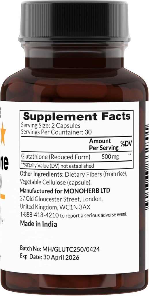 Reduced Glutathione 500 mg - 60 Veg Capsules | 250 mg per Capsule - Serving Size 2 Capsules: 500 mg - 30 Servings 3
