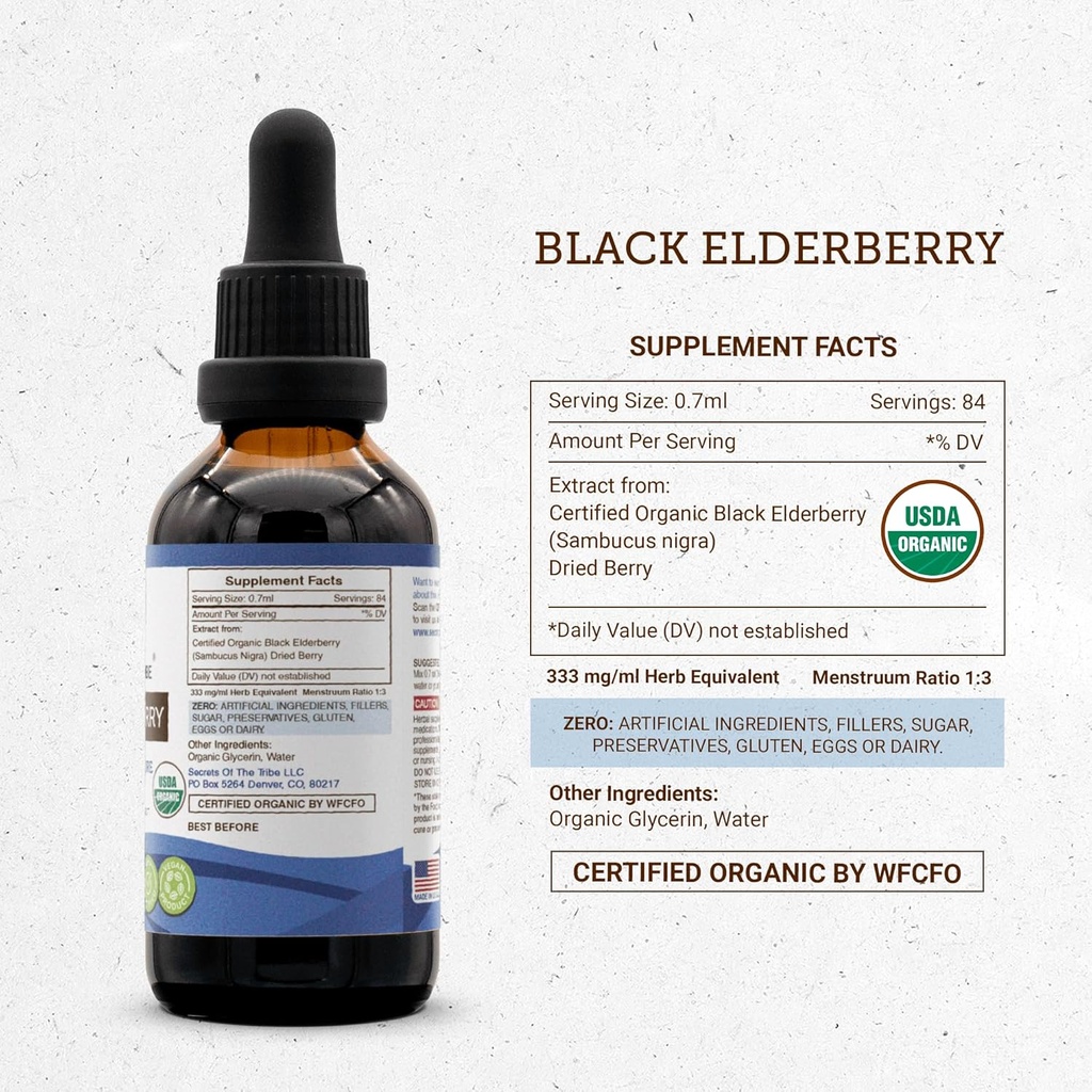 Black Elderberry USDA Organic Tincture | Alcohol-FREE Extract, High-Potency Herbal Drops, Immune System Health | Made from 100% Certified Organic Black Elderberry (Sambucus Nigra) 2 oz 5