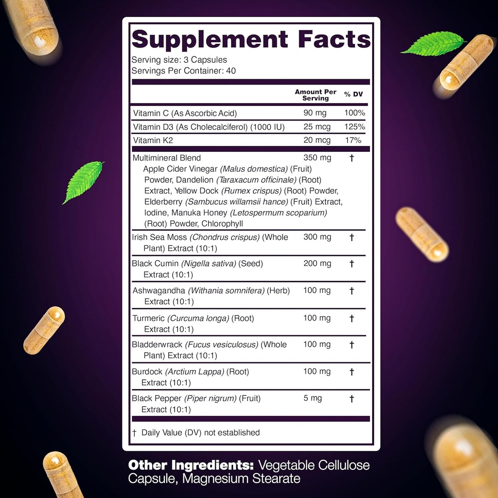 Sea Moss Capsules – 17-in-1 Blend with Black Seed Oil Ashwagandha Bladderwrack Burdock Root Turmeric Vitamin D3 K2 C for Daily Wellness – Multimineral Supplement for Men & Women – 240 Count 6